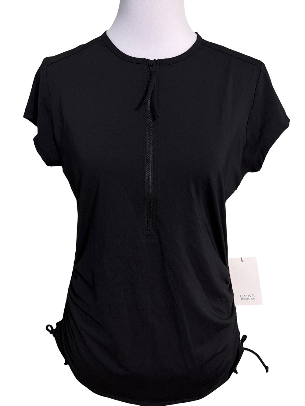 Carve Designs Black Short Sleeve Zip Front Active Top with Side Ties
